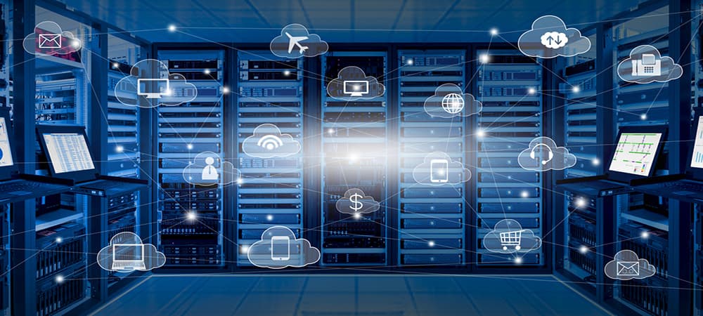 Internet data center room with server and networking device on rack cabinet and kvm monitor with charts on screen and cloud services icon with connection lines, cloud computing concept